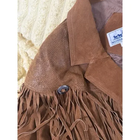 Women’s Vintage 80’s Fringe Leather Jacket Brown Western Express Size Large - Picture 3 of 16
